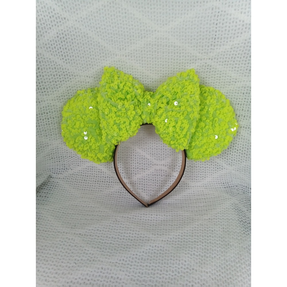 Sequin Mouse Ears Headband Neon Green Large Bow Good Preowned